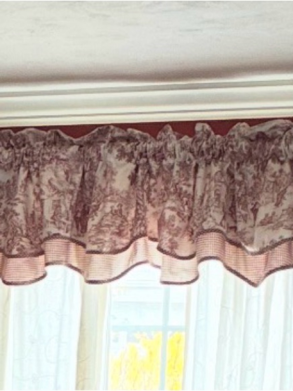 Classic Toile Valance Curtain Top Cranberry Red and Cream